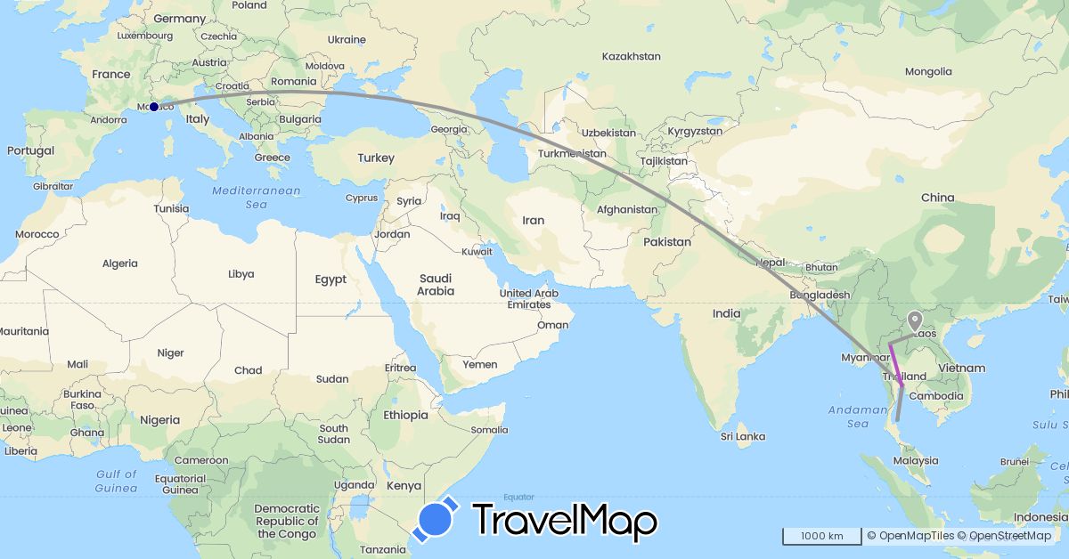 TravelMap itinerary: driving, plane, train, boat in France, Laos, Thailand (Asia, Europe)